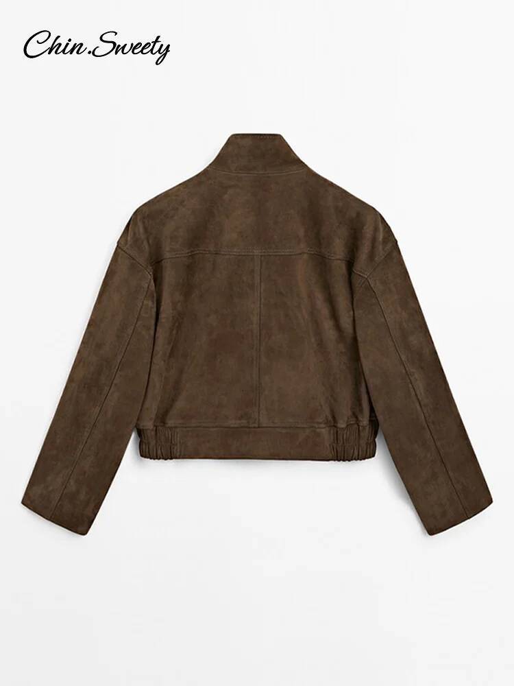 Vintage Brown Women's Suede Jacket Women Zipper Long Sleeve Pocket Loose Short Bomber Coat 2025 Spring Lady High Street Outwear dongdumaoyi