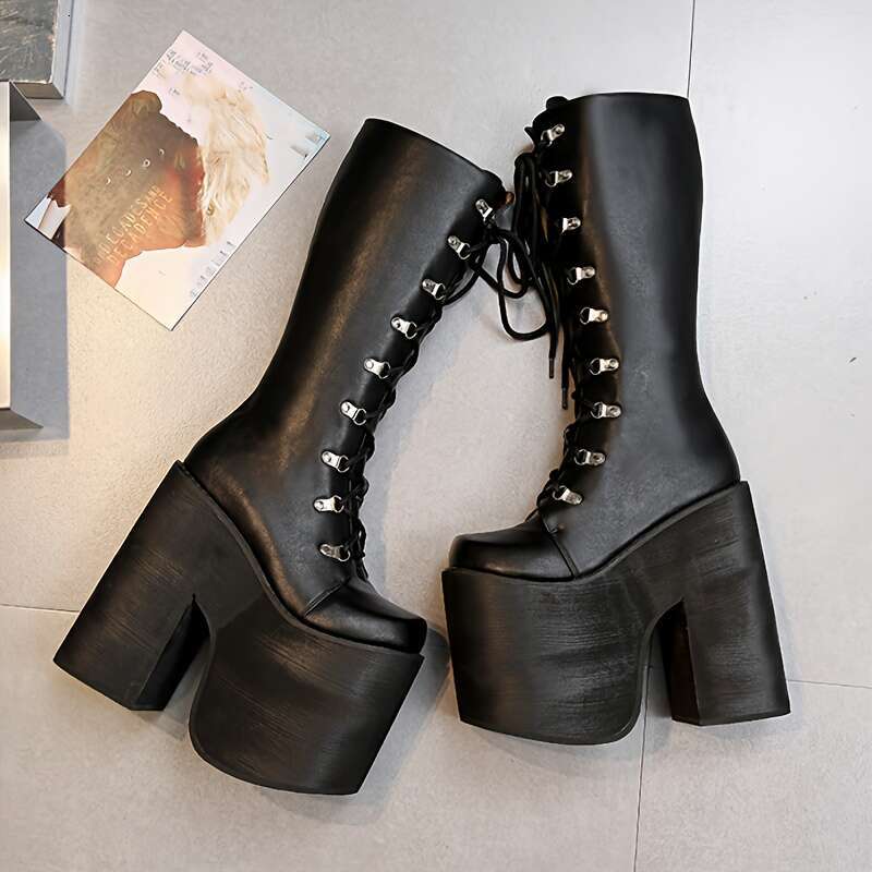 Women's Y2k Chunky Platform With Side Zipper Lace-Up Detail - Black Square Toe PU Cover High Heel Boots For Casual & Formal Wear, All-Season Comf