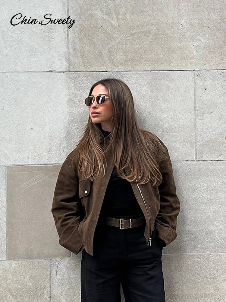 Vintage Brown Women's Suede Jacket Women Zipper Long Sleeve Pocket Loose Short Bomber Coat 2025 Spring Lady High Street Outwear dongdumaoyi