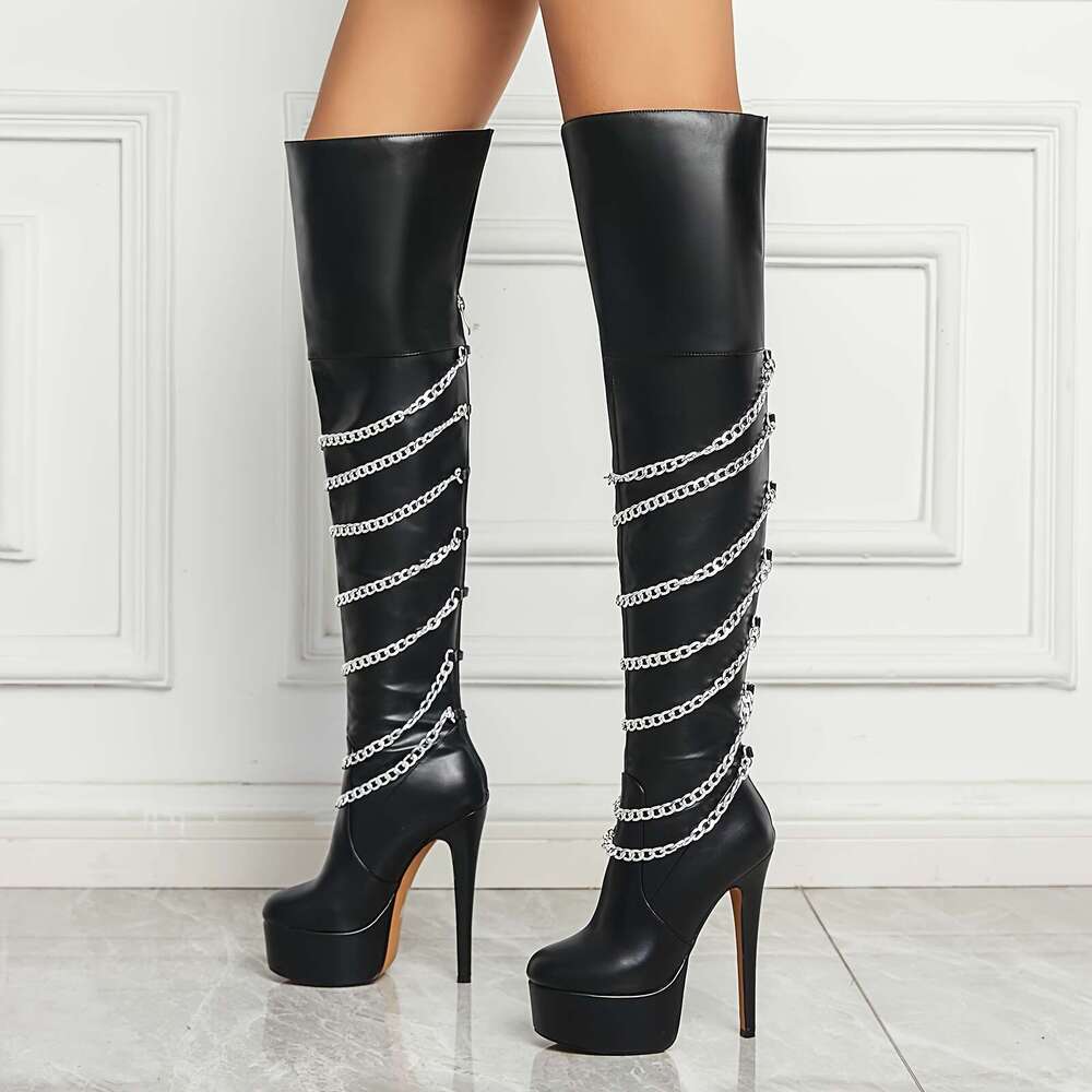Women's Black Faux Cover Over-The-Knee With Metallic Chain Straps, Stiletto Side Zipper Closure - Stylish Thigh-High Platform For Fashion & Parti