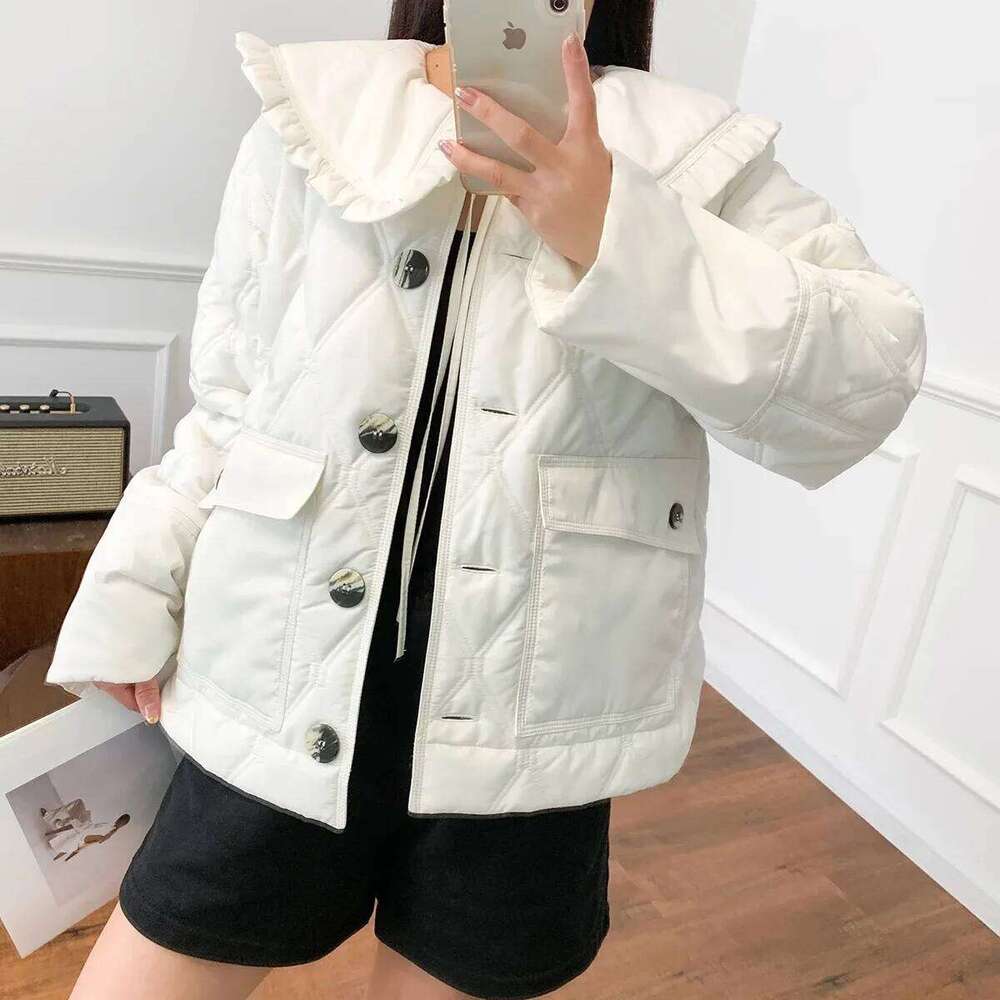 Clearance Price Women New Olive Color Detachable Ruffled Quilted Lapel Jacket Thin Cotton Coat