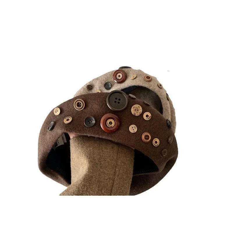 Autumn Wool Beret Brown Button Artist Cap Korean Style 8Panel Hat for Women 251023