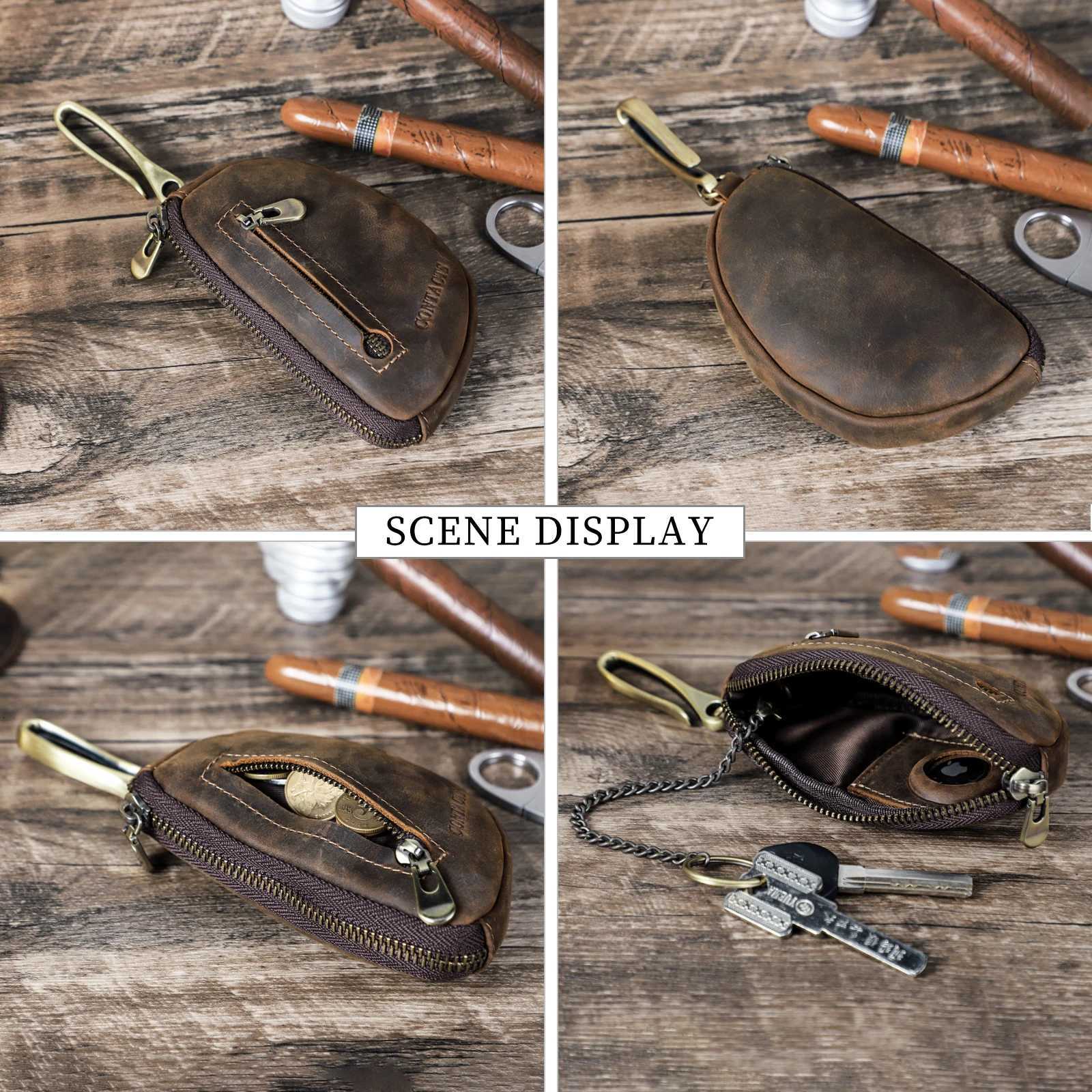 CONTACTS Genuine Leather Key Wallets for Men Vintage AirTag Slot Key Chian Keyrings Crazy Horse Leather Key Bag Coin Purses Z251023