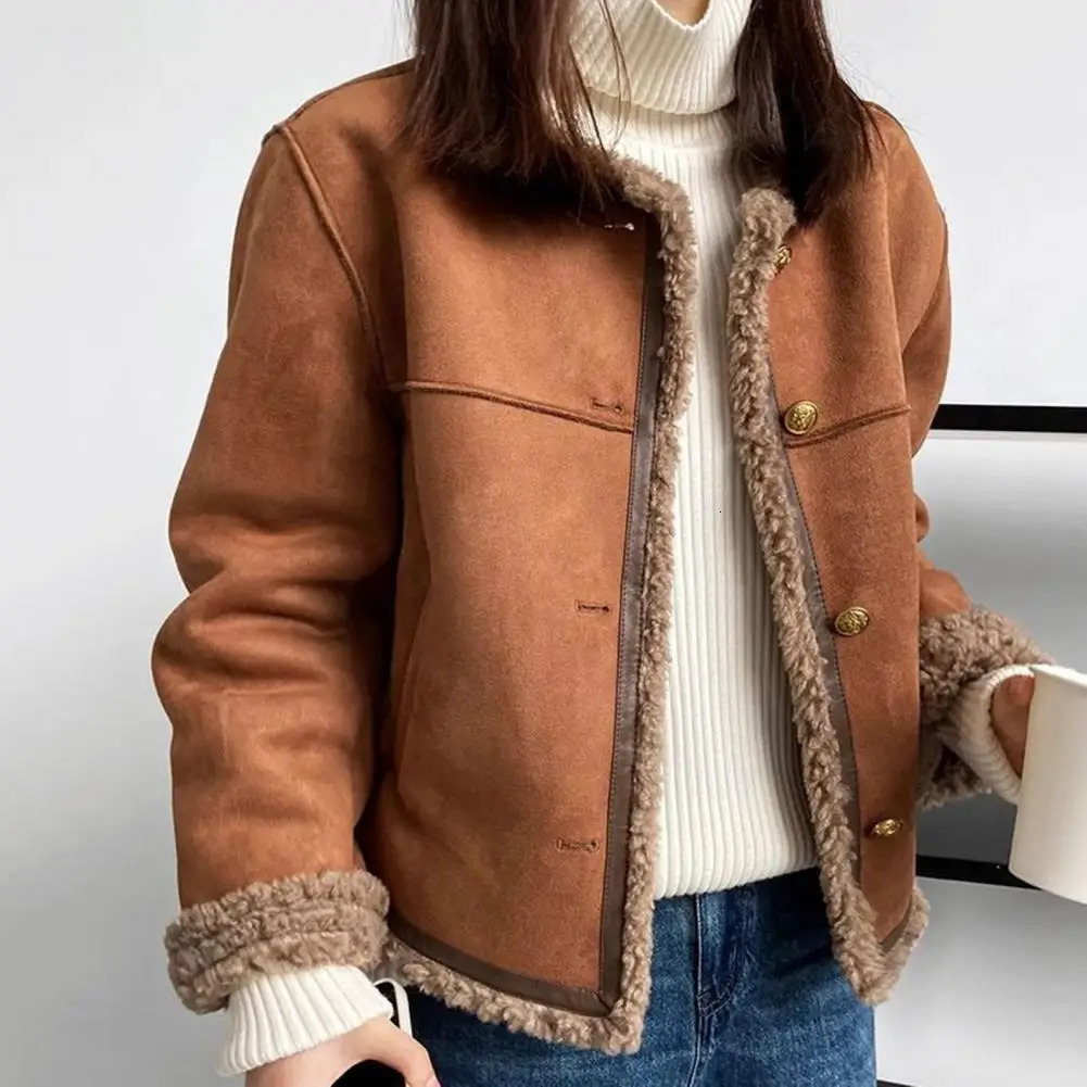 Round Neck Motorcycle Womens Warmth Jacket Female Autumn Winter Lamb Top Trend Coats 251021