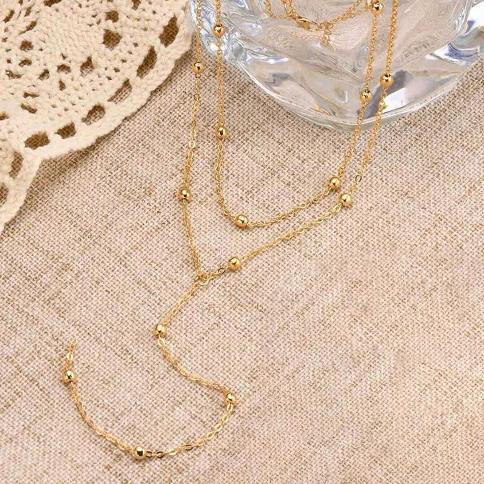 DGIDDK Stainl Steel Vintage Gold Double Long Chain Drop Necklace Female Simple Metal Geometric Beads Tassel Necklace JewelryXJ251024