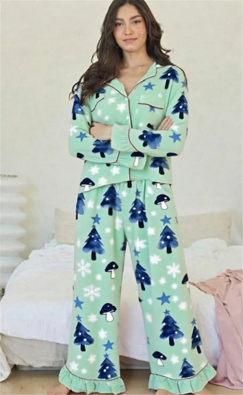 Hirigin Womens Christmas Pajama Set Two Piece Lounge Set with Christmas Trees Stars Mushrooms Ruffled Hems Night Wear Outfits 251020