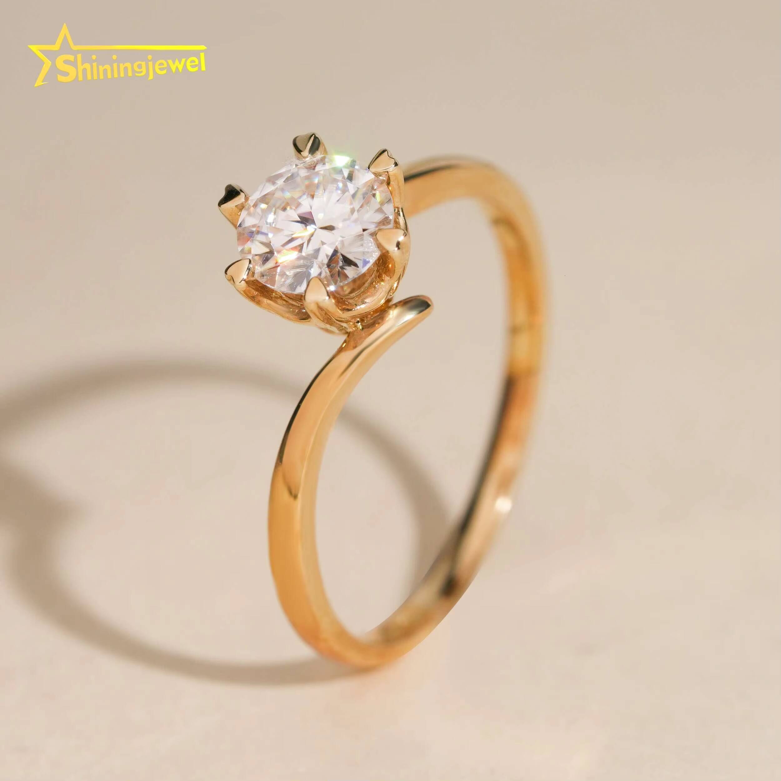Trendy 6 Prong Round Cut VVS Moissanite Diamond Wedding Rings 14K Real Gold Wedding Engagement Rings for Women