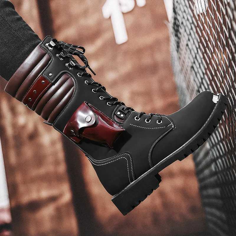 Mens plus size Casual High Top Leather Boots Spring and Autumn Outdoor Motorcycle Boots comfort Chain collision avoidance Boots W251024
