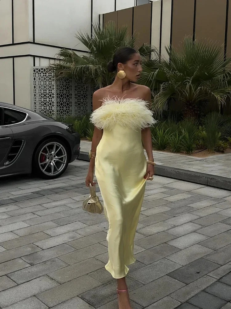 Elegant Yellow Satin Feather Long Vestido Women Sexy Strapless Backless Off Shoulder Slim Fit Dresses Party Street Gown 251020