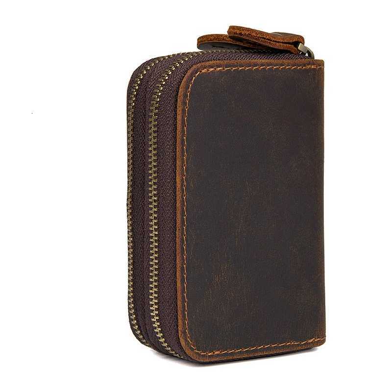 Double Zipper Crazy Horse Leather Retro Card Case Top Cowhide Coin Purse Car Key Keychain Holder with Hand Strap Clutch Bag Z251023