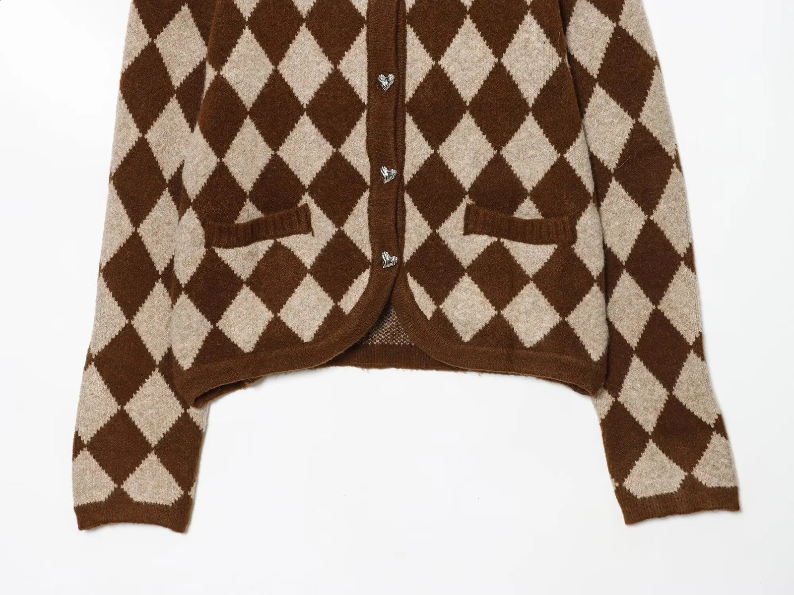 Vintage Casual Chic Women Sweater Argyle ONeck Long Sleeve Pockets Knitted Cardigans Fashion Autumn Winter Sweater 251023