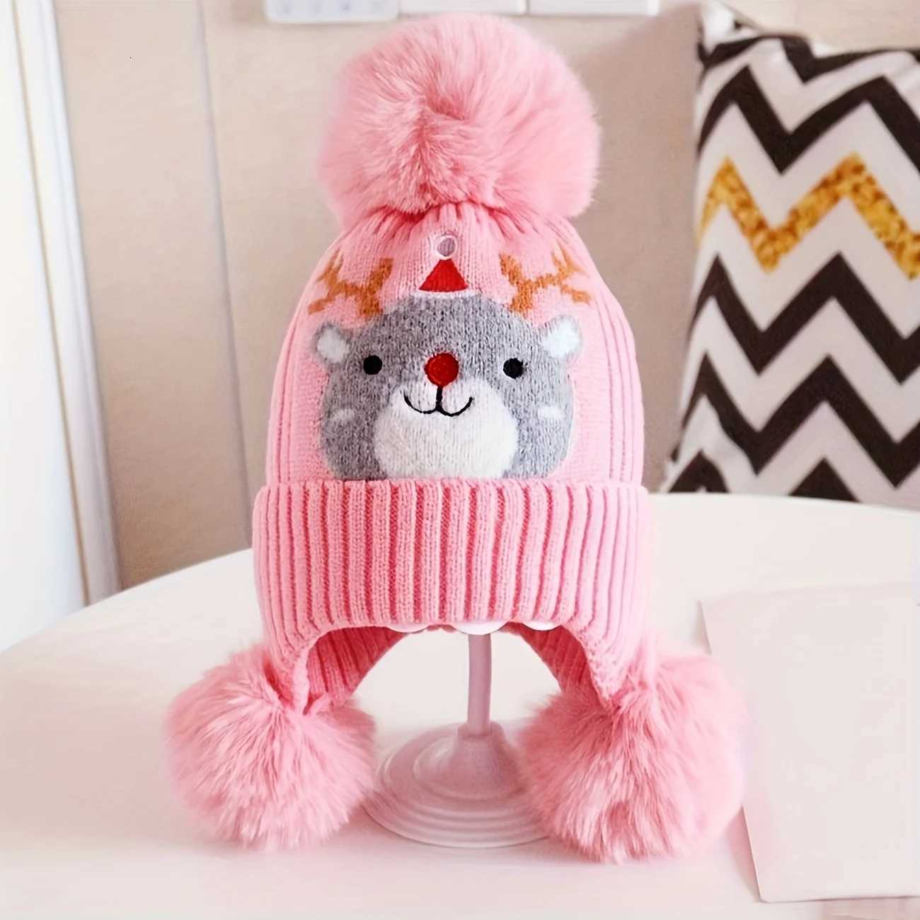 Youngsters Christmas Elk Beanie Hat with Detachable Ear Flaps PomPom Soft Stretchy Warm Winter Hat for Boys GirlsL251024