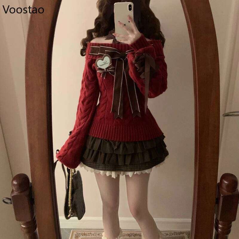 Sweet Lolita Style Christmas Red Knitted Pullover Autumn Winter Women Y2k Slash Neck Bow Sweaters Spice Girl Cute Knitwear Tops