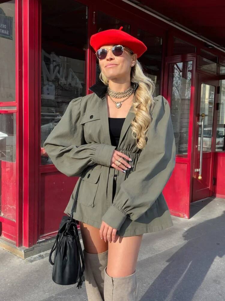 Stand Collar Multi Pockets Drawstring Waist Cinching Office Women Button Long Sleeve Casual Loose Coat Autumn Lady Leisure Coats dongdumaoyi