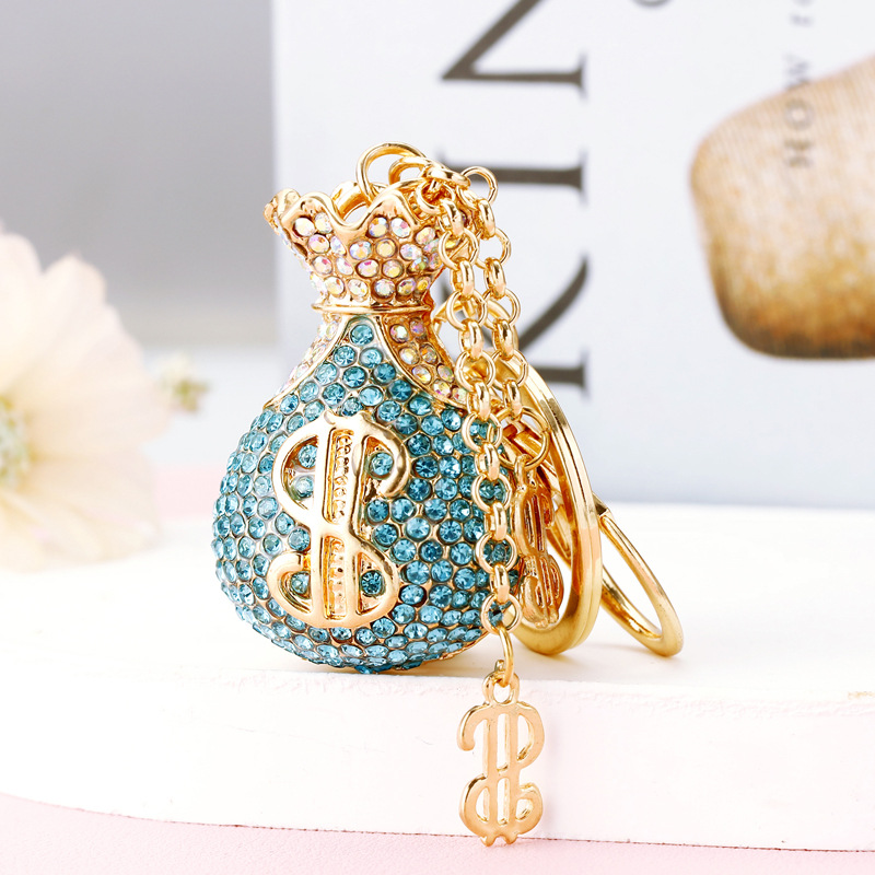 Lucky Wealth Alloy Rhinestone Money Bag make Dollars Keychain Car Charm & Fortune Pouch Bag Pendant, Couple Key Chain Gift (Wholesale)