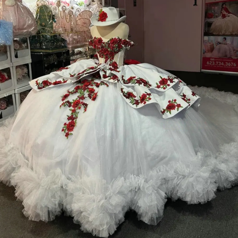 White 2 In 1 Embroidery Quinceanera Dresses Ball Gown Short Dress With Detachable Skirt Sweet 15 Anos Mexican