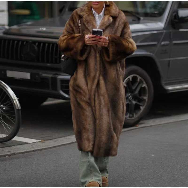 Luxury Highend Fluffy Women Chic Faux Fur Long Overcoat Dark Brown Winter Warm Trench Coat Thick Fur Jacket Windproof Outerwear H251024