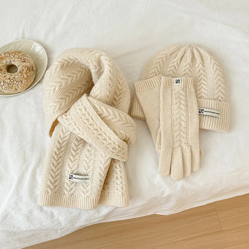 Winter Warm Knitted Hat Scarf Gloves Womens Windproof Adult Threepiece Set Scarves Solid Color Fashion Korean Hats for Women 251023