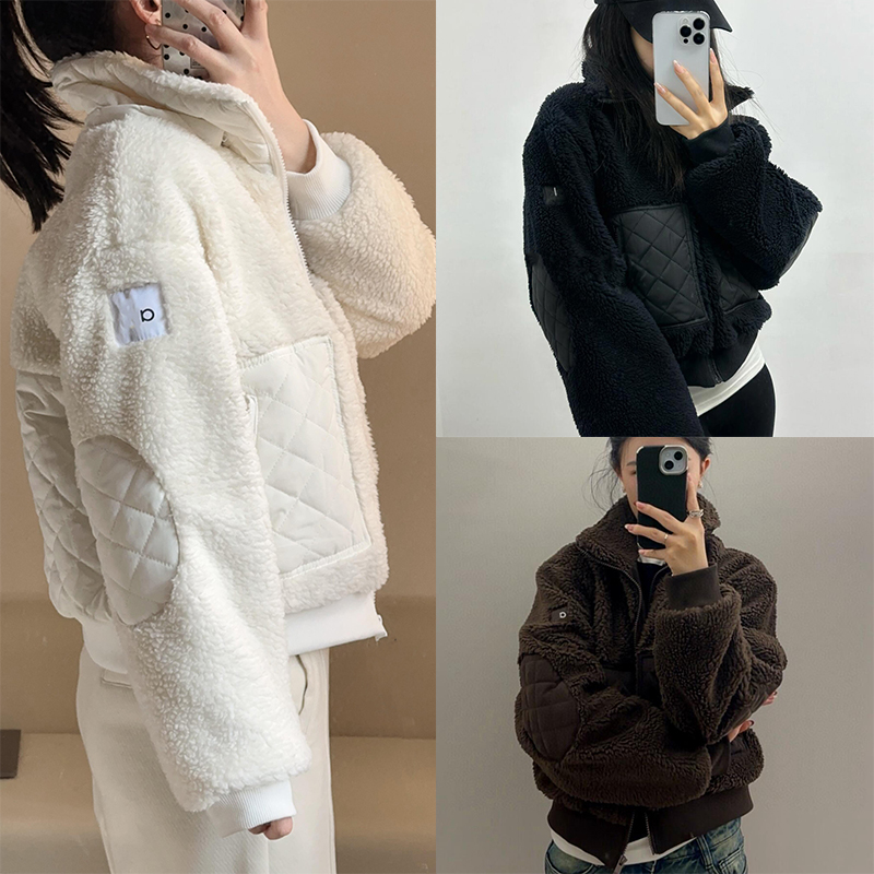 aloliness designer womens Autumn winter brown lambhair hooded short thick and sporty warm outdoor casual sports zipper jacket