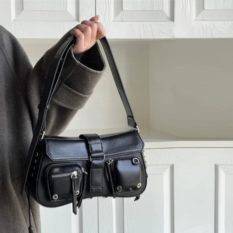 Women Black Grunge Shoulder Bag Korean Pu Leather Y2k Handbag Gothic Underarm Bags Aesthetic Punk Wallet Purse Motor Style 2024 251023