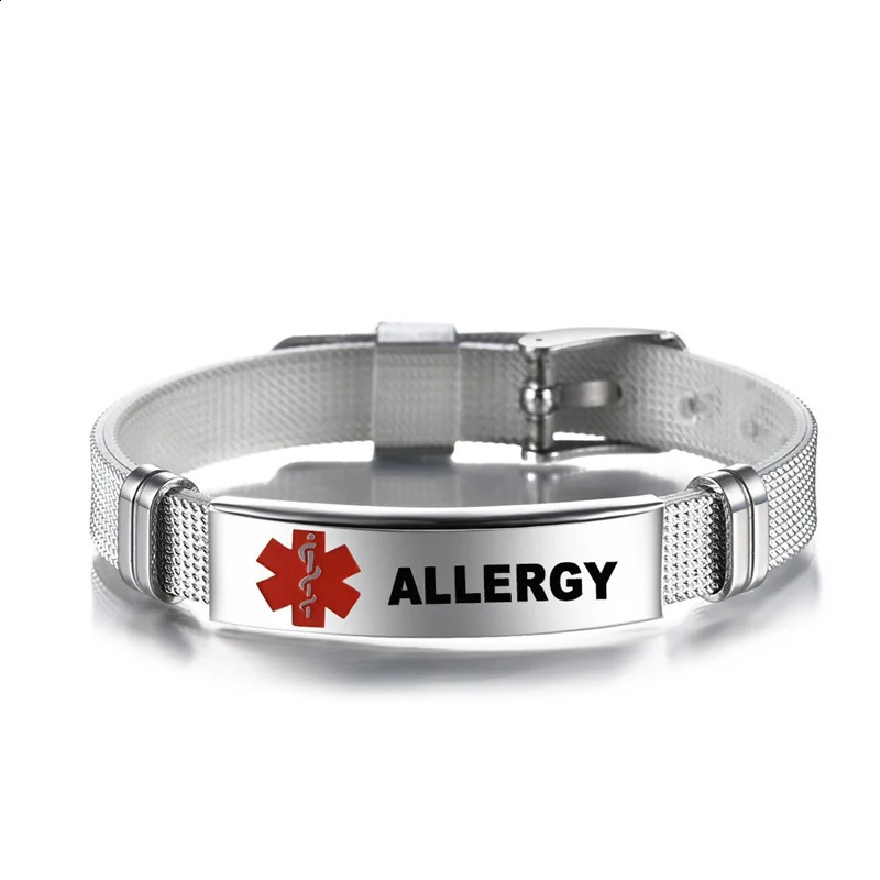 Personalized Alert ID Bracelet Laser Engraved Allergy Stainless Steel Mesh Belt Wristband Emergency Bangle for Men Women 251014