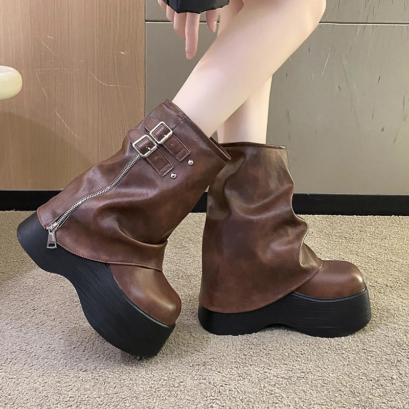 Soft Leather Ankle Mid Calf Boots Winter Autumn High Platform Wedge British Booties Woman Ladies Chunky Motorcycle Boots 9CM 251023