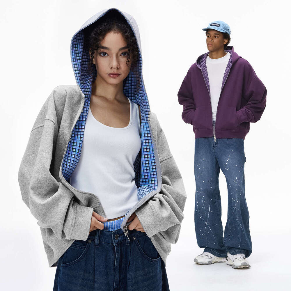 Men's Clothing|Boxy Plaid Two-tone Jacket 25 Autumn New Short Casual Couple Hoodie Sweatshirt