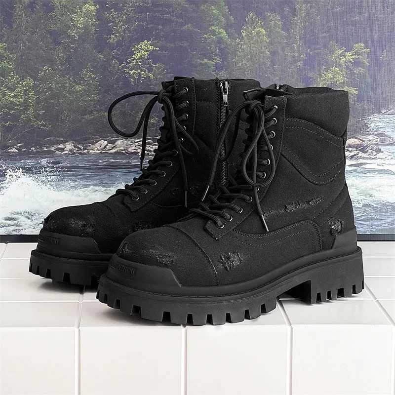 Autumn Winter Hightop Motorcycle Boots for Men Laceup Dotheold Thick Bottom Short Ankle Boots with Zipper Man Black Boots W251024