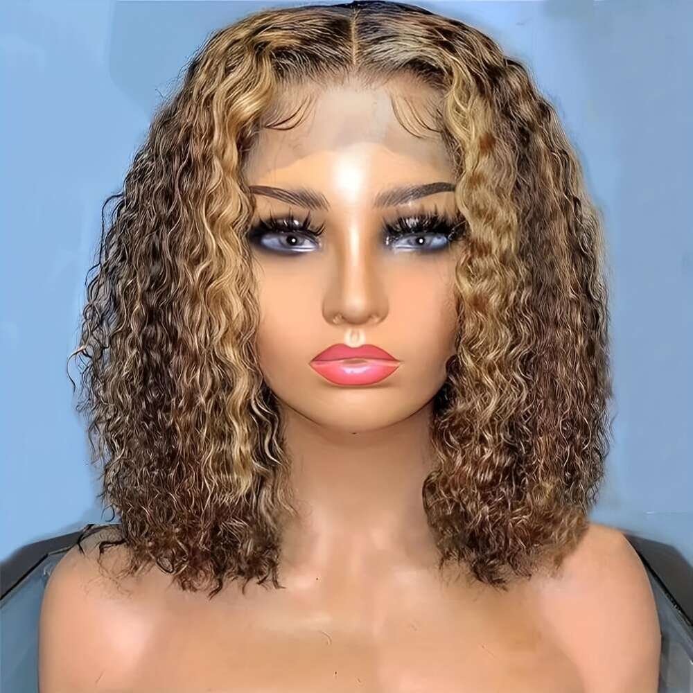 Curly Bob 13X4 Front Brazilian Remy Human Hair Wigs Blonde Brown Deep Wave Short Wig For Women 13x4 Lace Highlight Color 4/27 10-16inch 150%