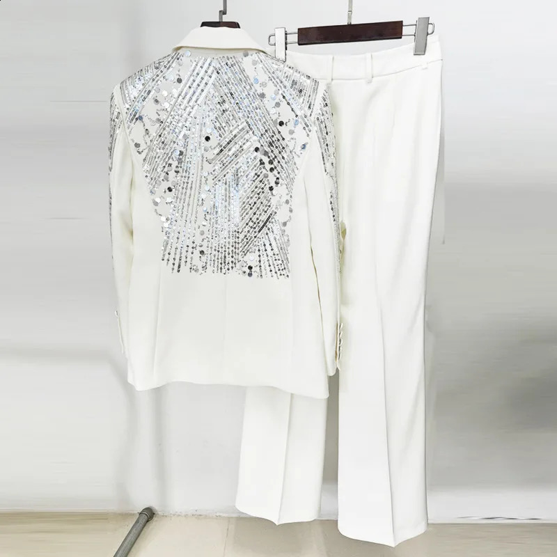 HKSH Autumn Women TwoPiece Suit Set Heavy Craft Sequined Single Button Elegant Fashion Blazer Solid Color Chic Pants HK9948 251023