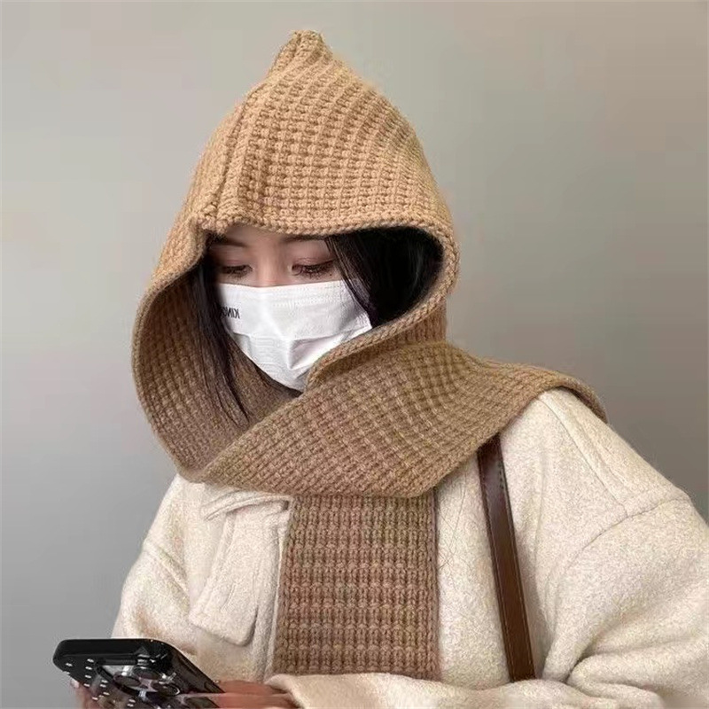 Women's Winter Fashion Trendy Scarf Dual-use Knitted Cape Versatile Solid Color Warm Hooded Shawl Integrated Hat