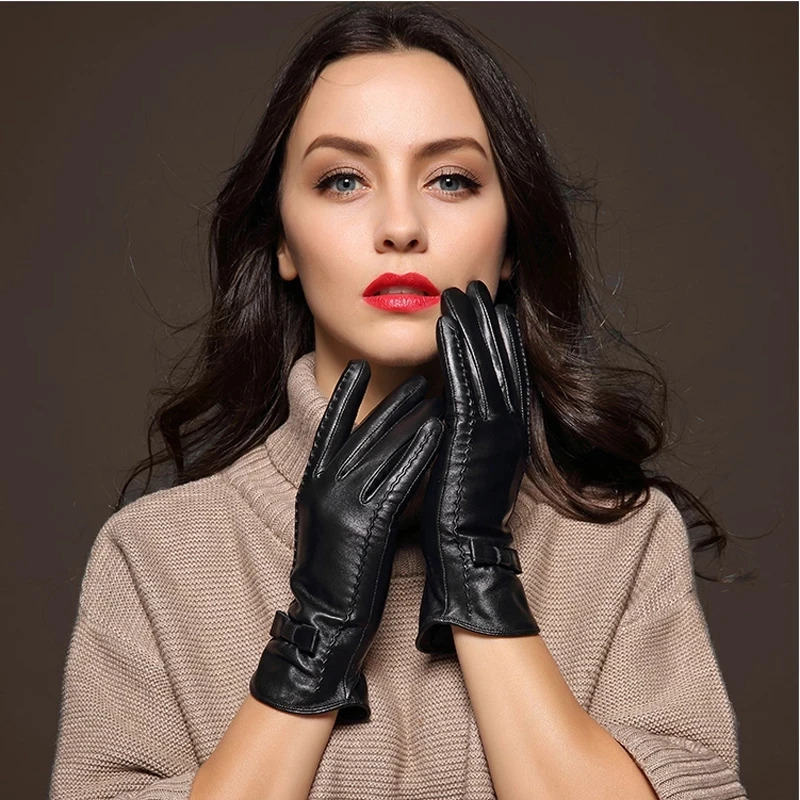 100 High Quality Real Leather Gloves Touch Screen Gloves Women Sheepskin Gloves Thicken Warm Brown Lady Warm Fleece Mittens 251023