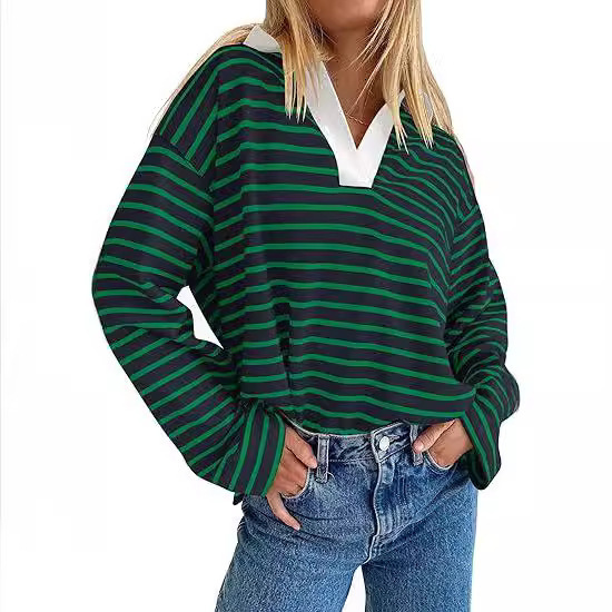 2025 Autumn and Winter New Striped V-Neck Color-Block Loose Long-Sleeve Sweatshirt Jacket