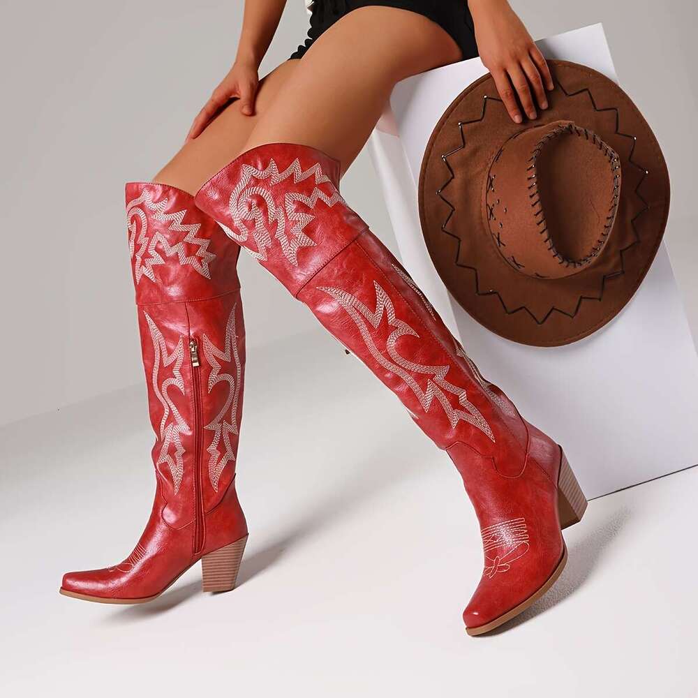 Cowgirl Western Knee High With Embroidery, Pointed Toe And Chunky Heel, Zipper Boots, Retro Outdoor Cowboy Boots For Women