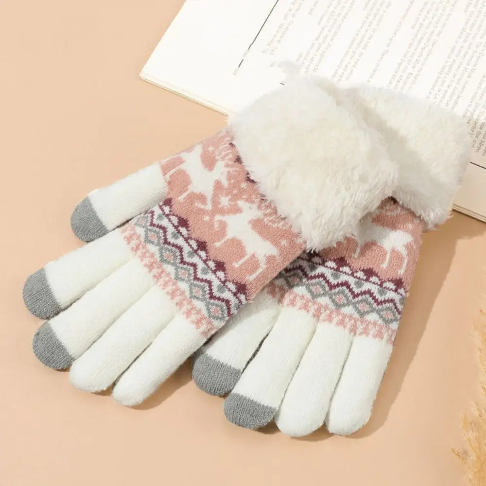 Simple Deer Christmas Knitted Gloves Wool Plush Full Finger Gloves Windproof Keep Warm Winter Mitten 251021