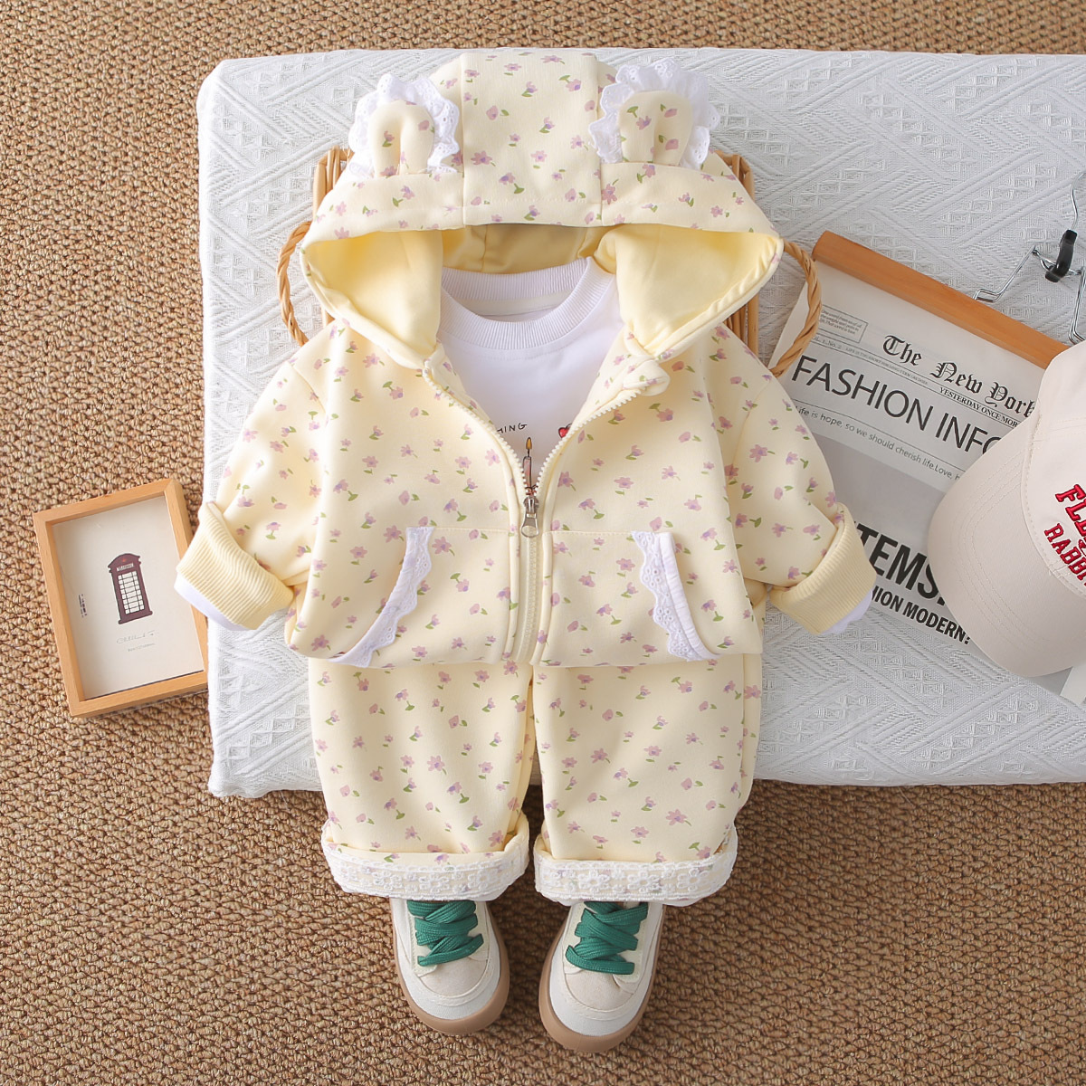 luxury kids clothing girls 2025 Girls 3-Piece Set, All Over Floral Print with Lace Trim, Spring Autumn Outfit for 1-5 Years Old Free Shipping