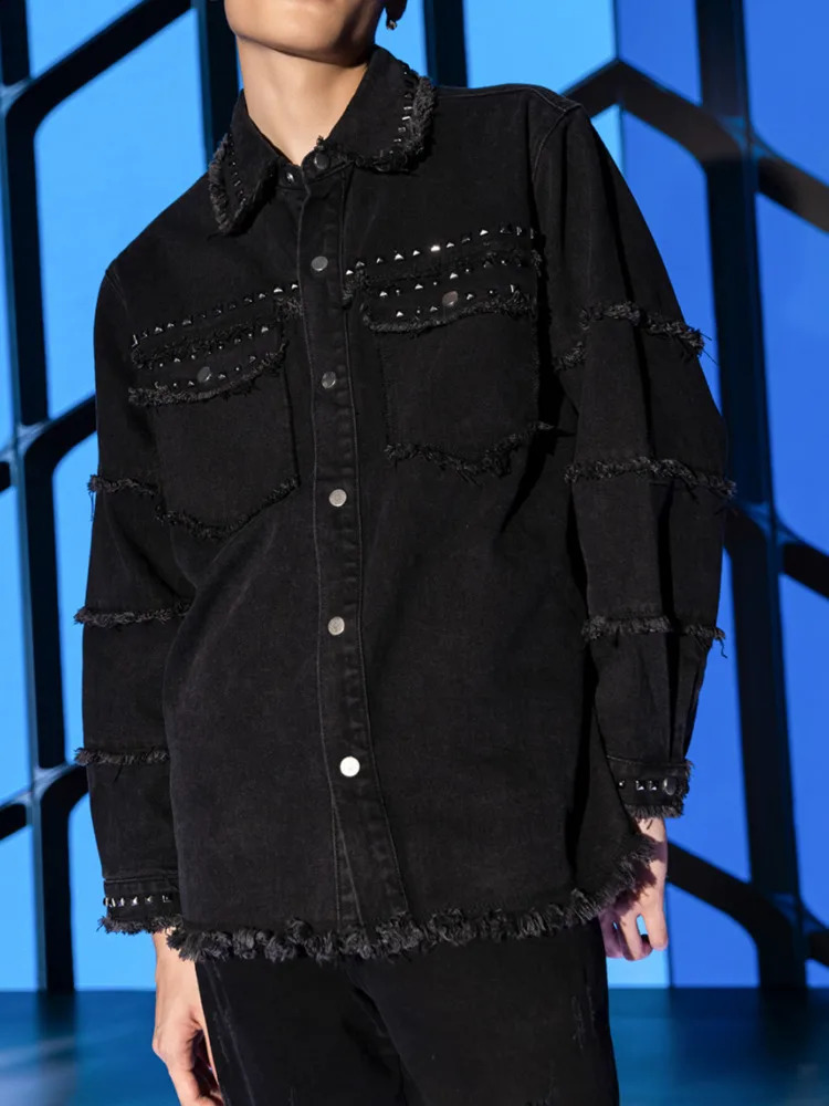 High Quality Metal Punk Rivet Denim Jacket For Men Women Spring Autumn Button Short Lapel Wild Casual Shirts Coat 251017