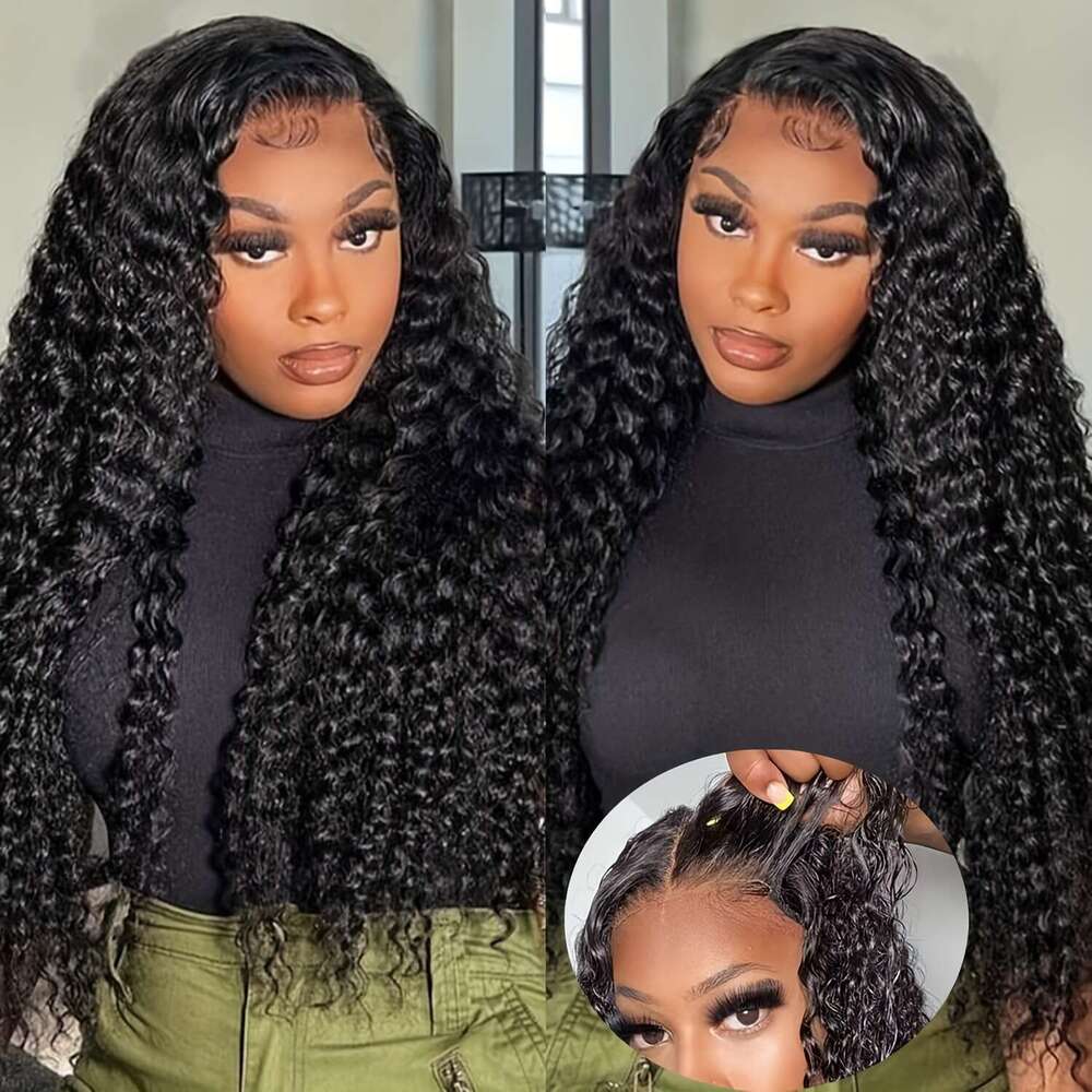 Elegant Deep Wave Glueless Human Hair Wig - Pre-Plucked 6x4 HD Lace Front, Ready to Wear, 200% Density, Natural Black Curly Texture Women, Perfect for
