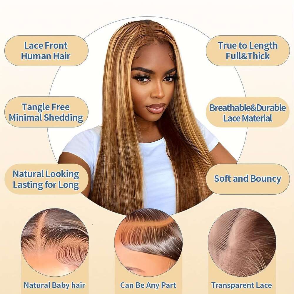 13x4 Honey Blonde Straight Lace Front Highlight Ombre 200% Density Plucked Pre Cut Transparent Frontal Human Wigs For Women With Baby Hair 4/27