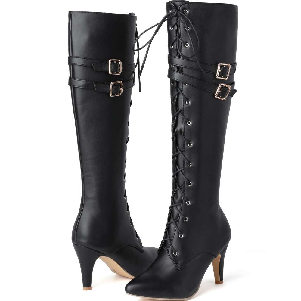 1Pr Women's Knee-High Boots Solid Color, Pointed Toe, Flare Heel, Zipper Closure, Man-Made Upper, Fabric Inner & Insole, Rubber Sole - Fashion Hi