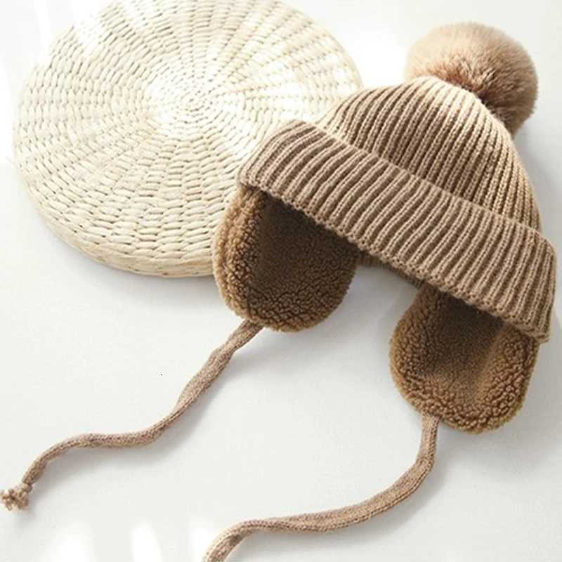 Children Warm Earmuffs Cap Cute Plush Ball Knitted Hat 28year Kids Ear Protection Hats Baby Solid Woolen Winter Beanies BonnetL251024