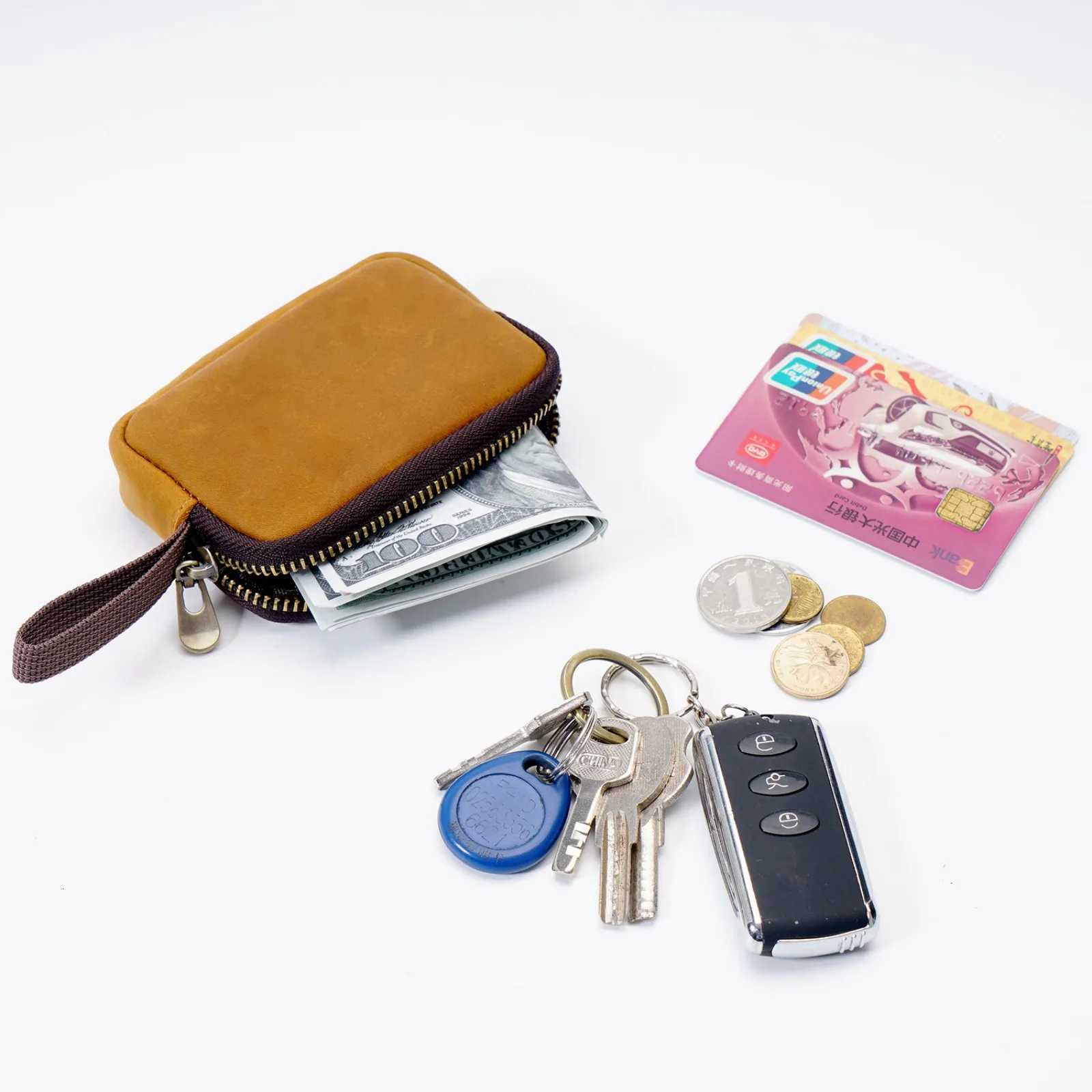 Genuine Leather Coins Purse with Keychain Mini Change Holder Cards Bag Zipper Closure Multifunctional Storage Bag for Men Women Z251023