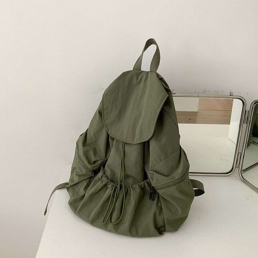 New Pleated Drawstring Nylon Women, Niche Trendy Large Capacity Flip Cover Student Backpack For Girls B5