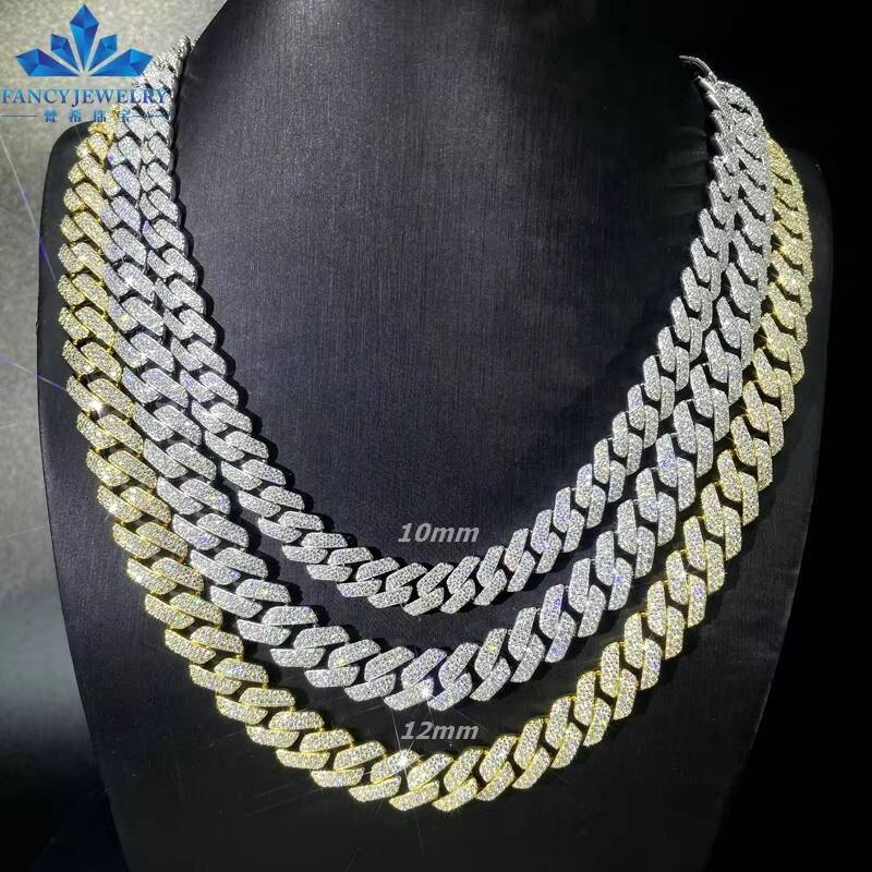 Factory Custom Hip Hop Necklace Jewelry 925 Silver Yellow Solid Gold VVS1 Moissanite Diamond Iced Out Cuban Link Chain