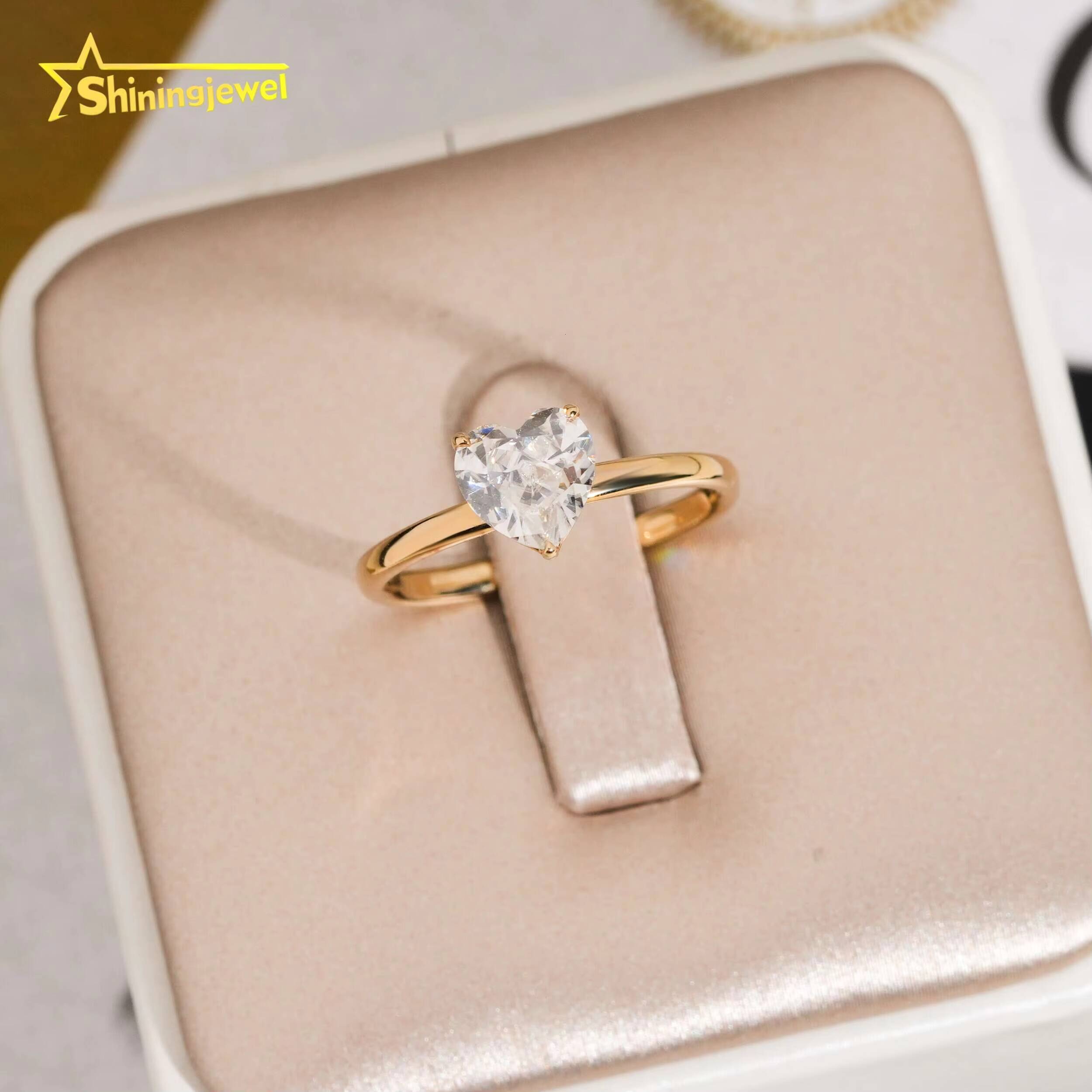 Pass Diamond Test Heart Cut Moissanite Solitaire 14k Solid Gold Engagement Wedding Rings