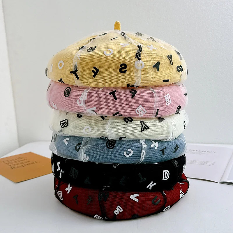 Korean Fashion Letter Print Mesh Beret Womens Summer Thin Breathable Painter Hat Big Head Circumference Octagonal Hat 251023