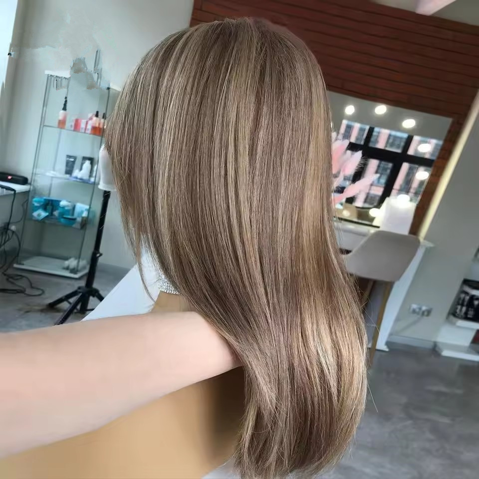 Ash Brown balayaged ombre layered Bob Wig with fluffy bang fringe Lace Front Human Hair Wigs 360 HD Lace Frontal Wig