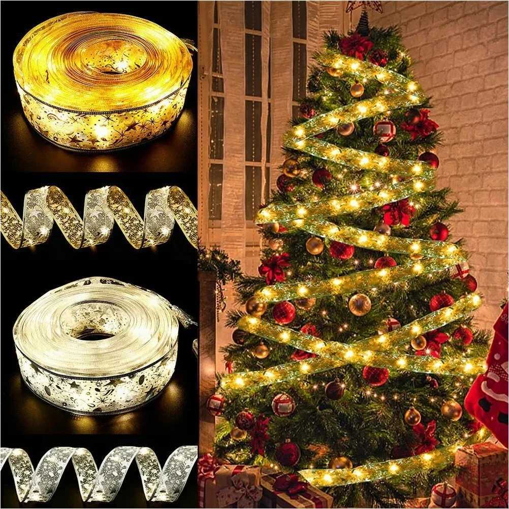 Christmas Ribbon Fairy Light Christmas Decoration For Home 2026 DIY Bows String Light Tree Ornaments Xmas Decor New Year 2026 C251024