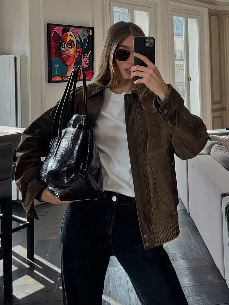 Yaphleet Women Elegant Suede Brown Bomber Jackets Fashion Ladies Casual Loose Outfits for Vintage Female Chic Clothes Cute 251020