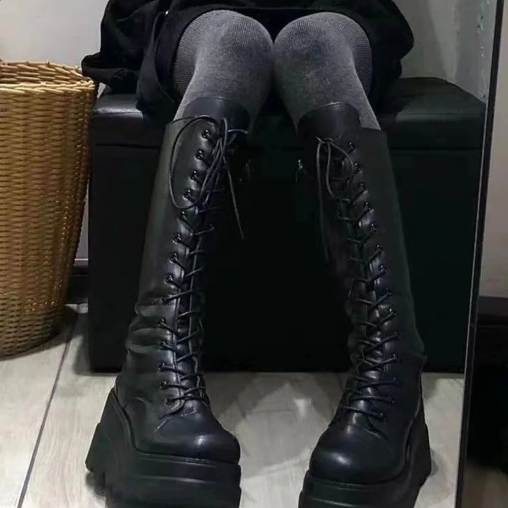 DoraTasia Black Gothic Fashion Round Toe Side Zipper Lace Up Womens Mid Calf Boots INS Christmas Street Party Shoes Woman 251021